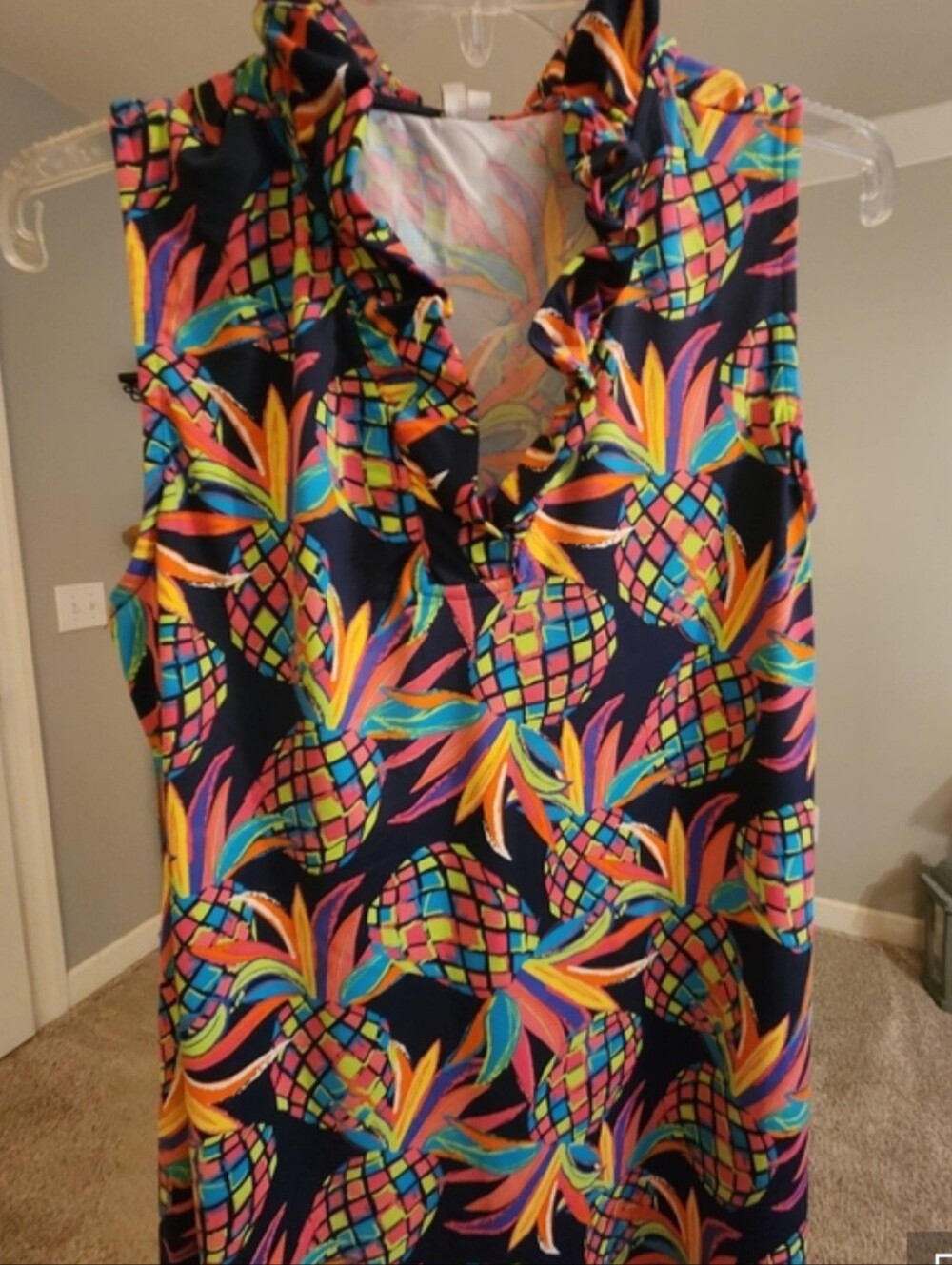 Lulu B- Sleeveless Ruffle V-Neck Pineapple Print Dress - Navy & Multi - Picture 5 of 9